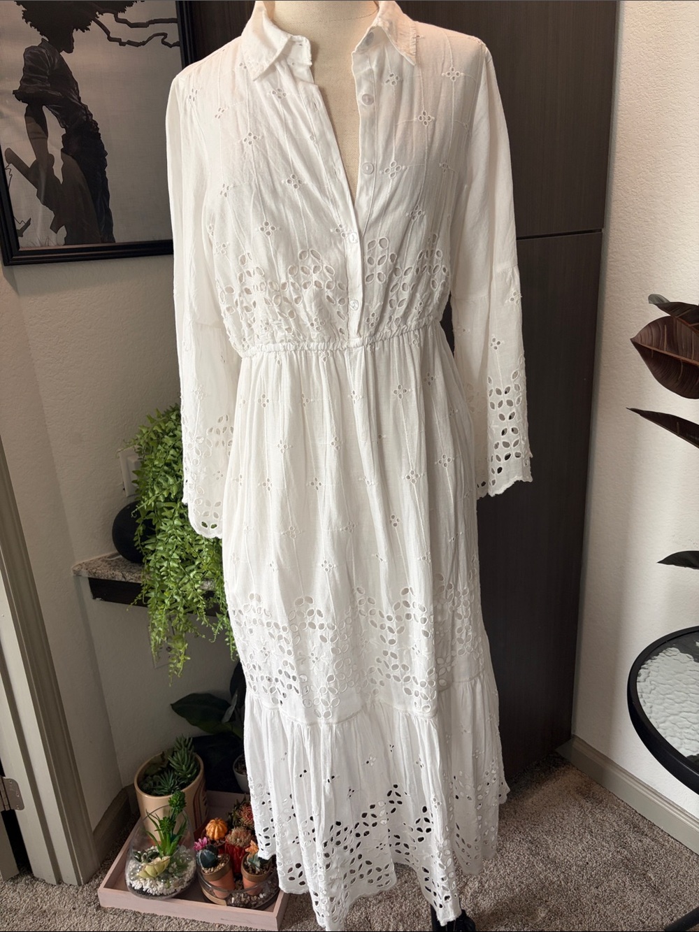 White Eyelet Maxi Shirt Dress with Elastic Waist and Button Front